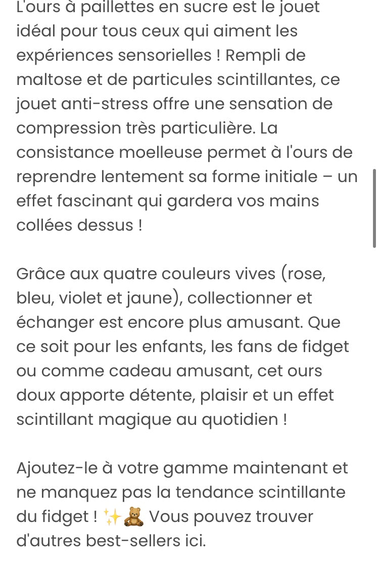 Ourson pailleté anti stress Sucre