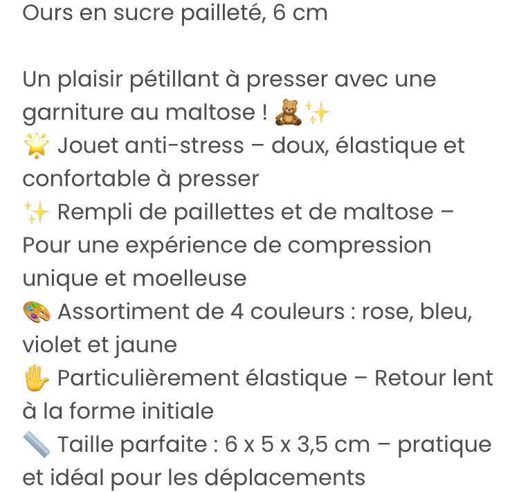 Ourson pailleté anti stress Sucre